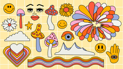 Set of hipster retro cool psychedelic elements. A collection of groovy cliparts from the 70s. editable stroke. Abstract design of cartoon stickers. Trend vector illustration.