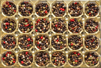 Mixed peppercorns fill golden plastic shapes. Different colored peppercorns, top view, full frame high resolution