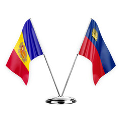 Two table flags isolated on white background 3d illustration, andorra and liechtenstein