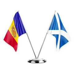 Two table flags isolated on white background 3d illustration, andorra and scotland