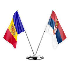 Two table flags isolated on white background 3d illustration, andorra and serbia