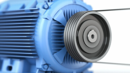 Blue electric motor with pulley and belt drive on a white background. 3d render