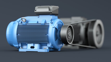 Electric motors connected by a belt drive on a dark background. Close-up, shallow depth of field. 3d illustration