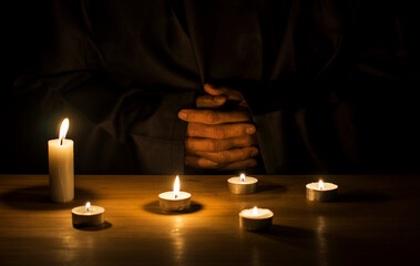 Hands of a monk praying in the dark with candlelights.