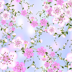 Blossoming branches of Japanese cherry on blue abstract background in a random arrangement square format suitable for textile. Pink Sakura floral texture, EPS 10 vector