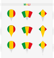 Mali flag, set of location pin icons of Mali flag.