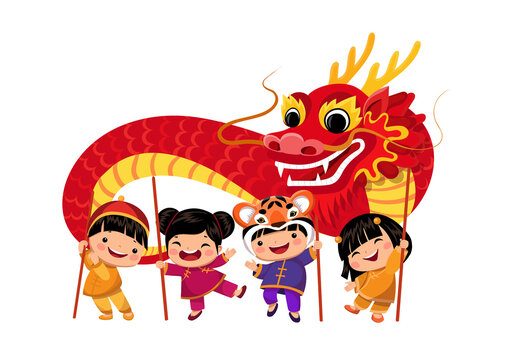 Vector flat kids chinese new year costumes set