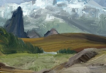 Oil painting landscape art. Rural mountain region. Colorful green field and grass. Summer time. Countryside.