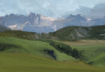Oil painting landscape art. Rural mountain region. Colorful green field and grass. Summer time. Countryside. © Jakub