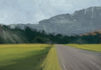 Oil painting landscape art. Rural mountain region. Colorful green field and grass. Summer time. Countryside.