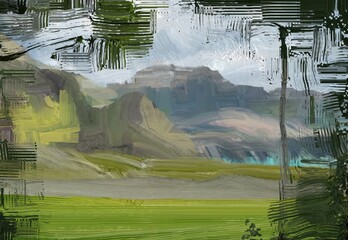 Oil painting landscape art. Rural mountain region. Colorful green field and grass. Summer time. Countryside.