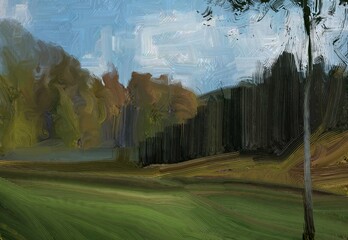 Oil painting landscape art. Rural mountain region. Colorful green field and grass. Summer time. Countryside.