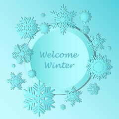 Fototapeta na wymiar welcome winter copy space background, with snowflake, paper cut style