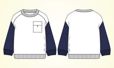 Two tone Navy, white Color Fleece Cotton Jersey Sweatshirt With Pocket technical fashion Flat Sketches   vector template For men's. Apparel dress design mockup CAD illustration.