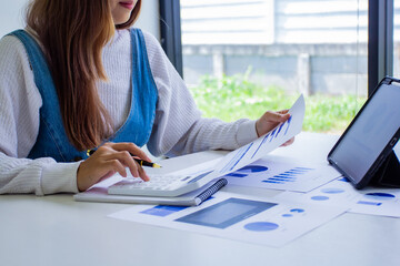 Accounting manager explains company's past sales by online meeting, cropped image of working woman of own company by self-checking and troubleshooting, new business concept.