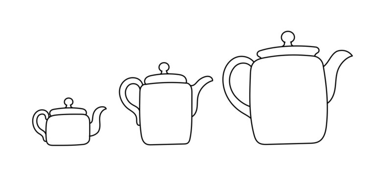 Teapot size. Tea kettle. Small medium and large. Open paths. Editable stroke. Custom line thickness. Vector.