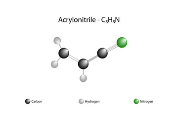 Molecular formula of acrylonitrile. Acrylonitrile is a compound formed by attaching a vinyl group to a nitrile group.