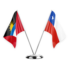 Two table flags isolated on white background 3d illustration, antigua barbuda and chile