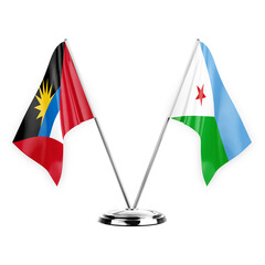 Two table flags isolated on white background 3d illustration, antigua barbuda and djibouti