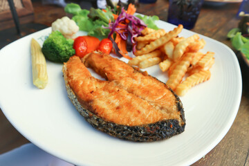 grilled salmon, roasted salmon with French fries
