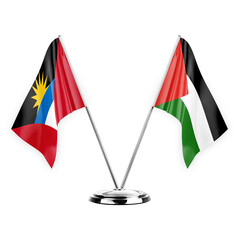 Two table flags isolated on white background 3d illustration, antigua barbuda and palestine