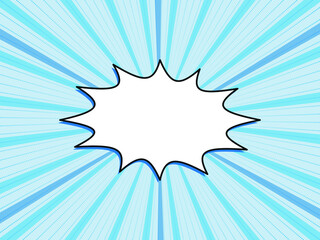 Pop art, comic book, cartoon illustration. White speech bubble. Gradient rays and dotted lines in shades of blue. Retro starburst effect, stripes. Light blue background. Vector illustration, eps 10.