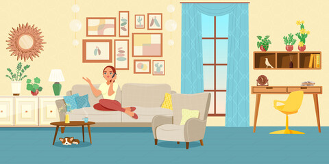 A woman is sitting on the couch in the living room, talking on the phone. Man and his house. Cozy living room interior. Workplace and rest area, large panoramic window. Vector illustration.