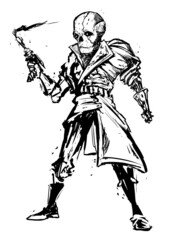 a dirty black and white drawing of an epic alien with a blaster in his hands. he is wearing a leather raincoat with a wide collar and a belt. he has a prosthetic arm and a scar on his face. 2d art