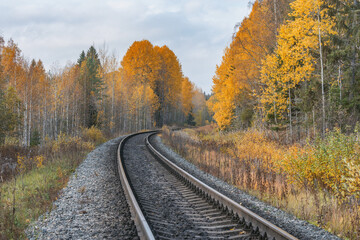 Naklejka na ściany i meble Long railway line at autumn day time.