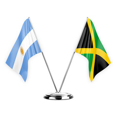 Two table flags isolated on white background 3d illustration, argentina and jamaica