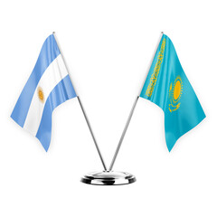 Two table flags isolated on white background 3d illustration, argentina and kazakhstan