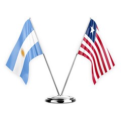 Two table flags isolated on white background 3d illustration, argentina and liberia