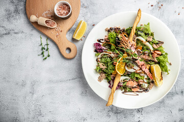 Shrimp Salad. Seafood Salad Grilled shrimps and fresh vegetable. Restaurant menu, dieting, cookbook recipe