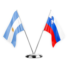 Two table flags isolated on white background 3d illustration, argentina and slovenia