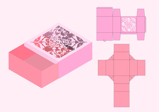 Heart detailed packaging box die cut template. Laser cut lines. Cut and Fold Box template, Self Lock, Packaging Design, Valentine's Day Gift Box. Pink, blank, isolated mock up on white background.