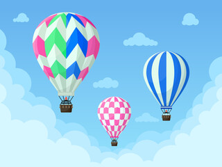 Flying hot air balloons, colorful aerostat soars in blue sky. Vintage hot air balloon, stripped sky transport vector background illustration. Retro flying hot airy sphere