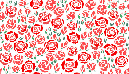 Vector illustration of red roses and green leaves seamless pattern on white background design for greeting card, Valentine’s Day, invitation card for the wedding