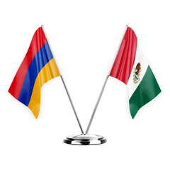 Two table flags isolated on white background 3d illustration, armenia and mexico