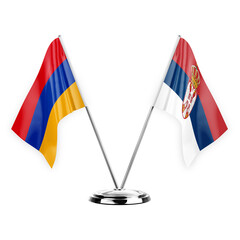 Two table flags isolated on white background 3d illustration, armenia and serbia