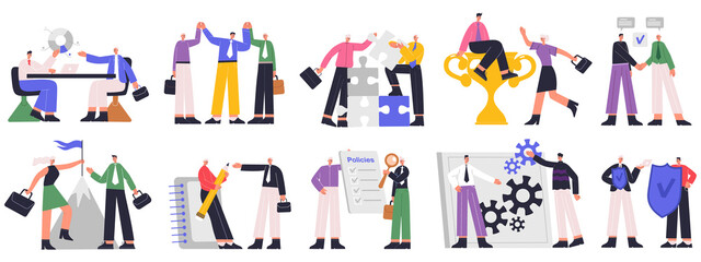 Corporate culture, business ethics and company corporate relations. Business company team, corporate policy employees relations vector illustration set. Company policy course