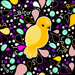 bird bright yellow leaves doodle dots sign black background