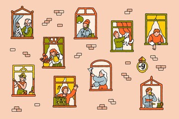 Neighbors in windows. Cartoon people communicating while staying at home. Vector illustration