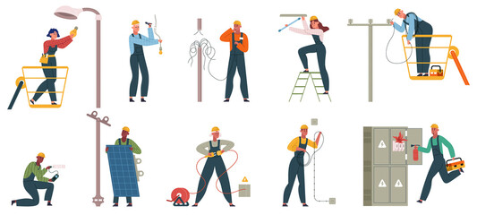 Electricity workers repair power line, changing lamp bulb. Professional electricity workers service power grids vector illustration set. Electricity repairman workflow