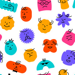 Abstract comic face pattern. Seamless print with geometric shapes characters with doodle faces. Vector texture
