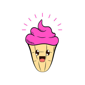 Vector image of ice cream in a waffle cup.Ice cream cartoon character