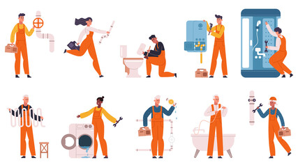 Professional plumbers repair pipes, fixing heating system and leakage. Plumbing service workers, repair home heating system vector illustration set. Plumbing workflow