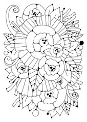 Black-white background for drawing. Art therapy. Coloring page. Floral vector drawing.