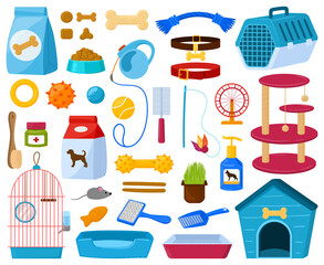 Cartoon pet shop accessories, cats, dogs food and toys. Dog and cat supplies, domestic animals care equipment. Vector illustration set. Pet shop assortment
