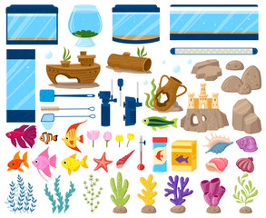 Cartoon aquarium equipment, fish, seaweeds and stones. Underwater pet fishes, plants and aquarium decorations vector illustration set. Water aquaria equipment