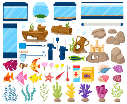 Cartoon aquarium equipment, fish, seaweeds and stones. Underwater pet fishes, plants and aquarium decorations vector illustration set. Water aquaria equipment